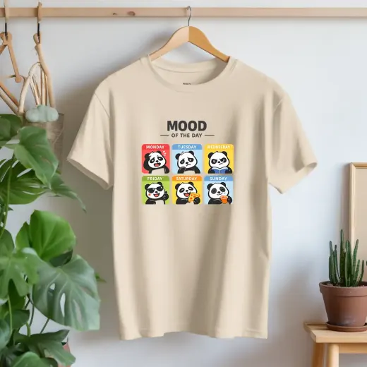 Oversized white Supima cotton t-shirt with 'Mood of the Day' panda graphic