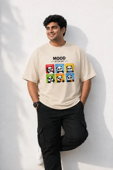 Plus-size unisex regular-fit t-shirt in white with beige accents, Supima cotton, styled oversized on model