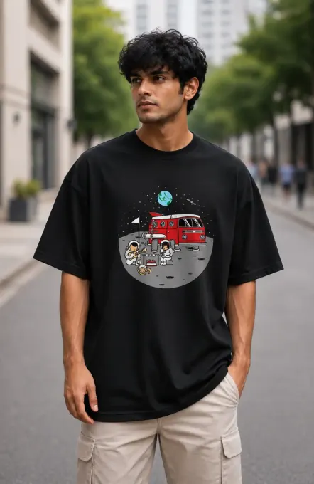 Moon Ride oversized black graphic t-shirt on a neutral background