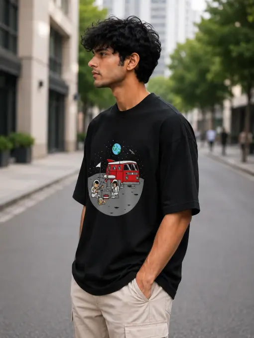 Model wearing Moon Ride oversized black graphic t-shirt with moon-themed print and relaxed fit