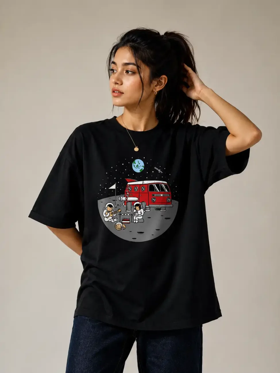Moon Ride Oversized Black Graphic T-Shirt
