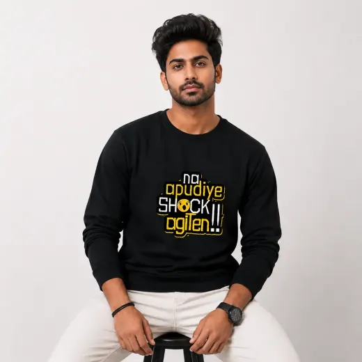 Na Apudiye Shock Agiten graphic sweatshirt, front view showing bold printed design