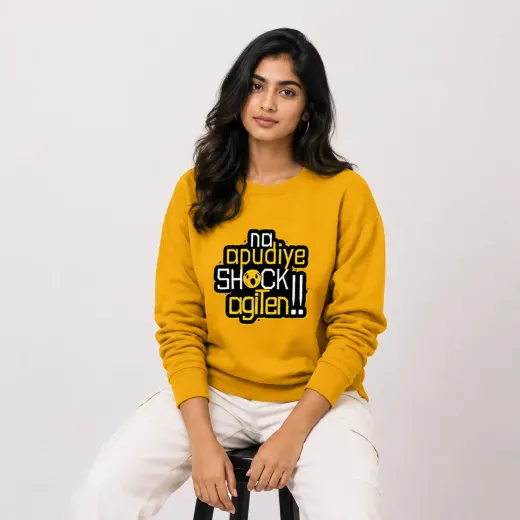 Na Apudiye Shock Agiten graphic sweatshirt with bold front print, laid flat to show design and neckline