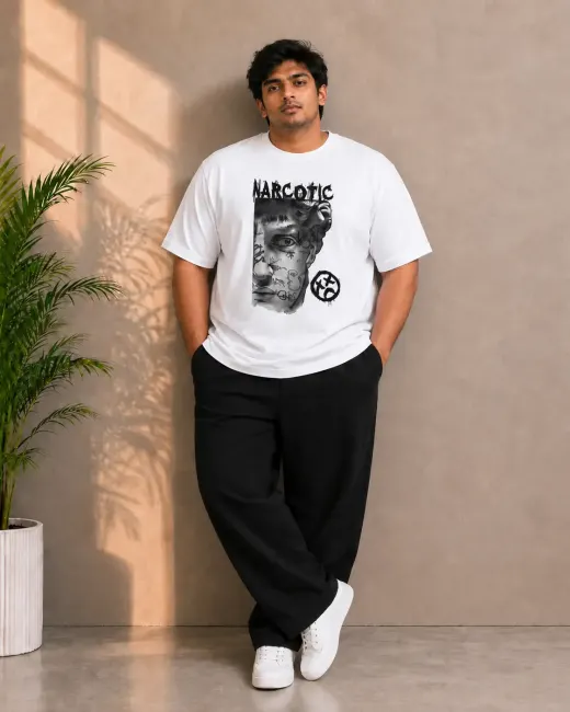 Plus-size unisex white Supima cotton T-shirt with Narcotic Art print, regular fit