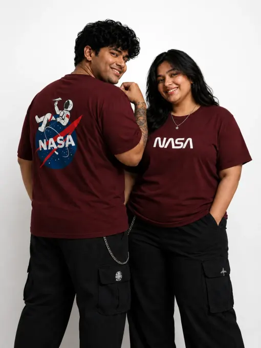 Maroon plus-size unisex oversized crew t-shirt with NASA astronaut front and back print