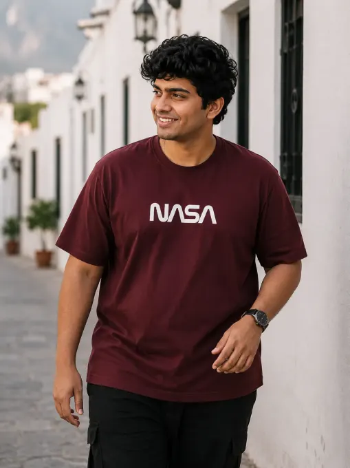 Maroon plus-size unisex classic crew t-shirt with NASA astronaut front and back print