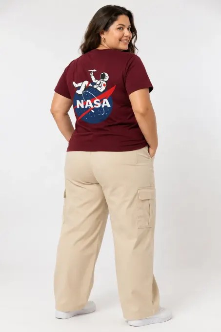 Maroon unisex plus-size crew T-shirt with front and back NASA astronaut prints