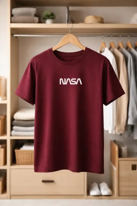 White Supima cotton t-shirt with NASA astronaut worm logo on the chest, front view
