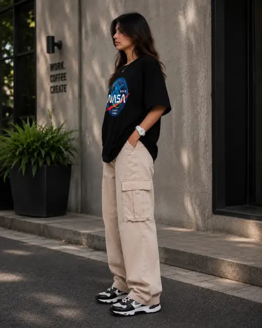 Oversized T-shirt featuring a NASA space graphic on the front