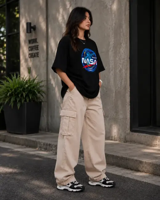 Oversized graphic t-shirt with NASA space print — front view