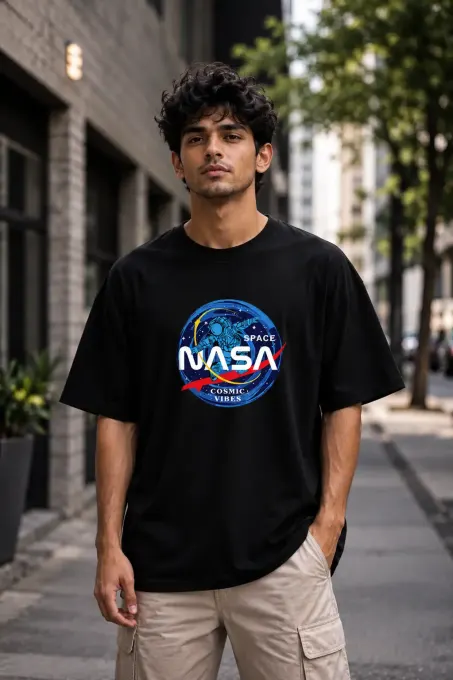 Oversized black cotton T-shirt with NASA space graphic on front