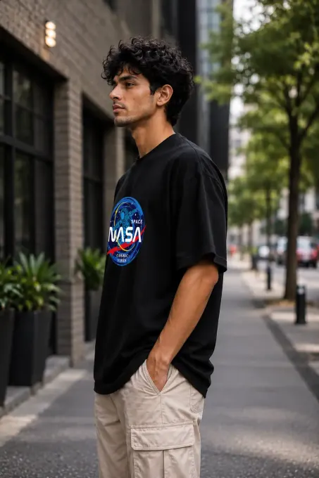 Person wearing an oversized NASA Space graphic T-shirt styled in urban streetwear