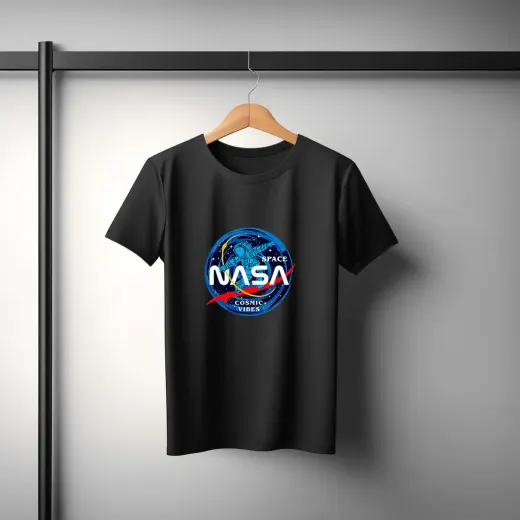Model in a NASA Space oversized graphic t-shirt with bold space print, relaxed oversized fit and dropped shoulders