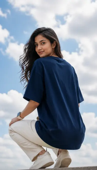 Oversized white T-shirt with bold NASA space graphic centered on front, front-on view