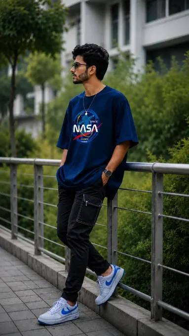 Oversized graphic T-shirt with NASA space print, front view on neutral background