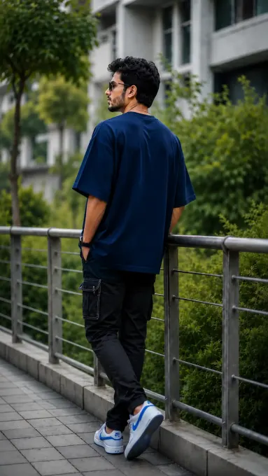 Model wearing NASA Space oversized graphic t-shirt showing front chest print and relaxed, oversized fit