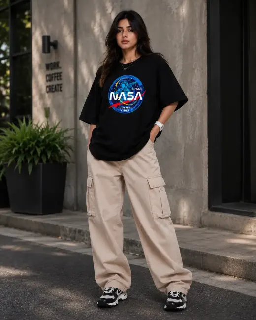 Oversized white t-shirt with bold NASA space graphic on front, short sleeves and relaxed fit
