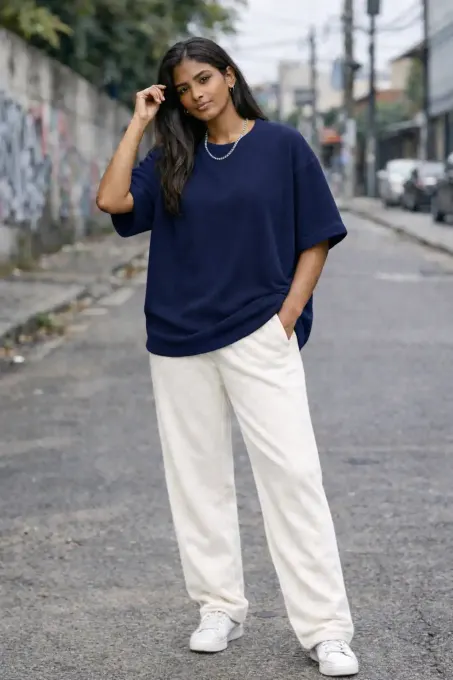 Navy blue terry oversize t-shirt showcasing soft terry texture and relaxed loose fit