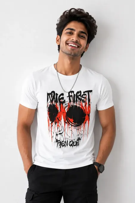 Never Quit Skull Tee — Supima cotton t-shirt with 'Never Quit' text and skull graphic