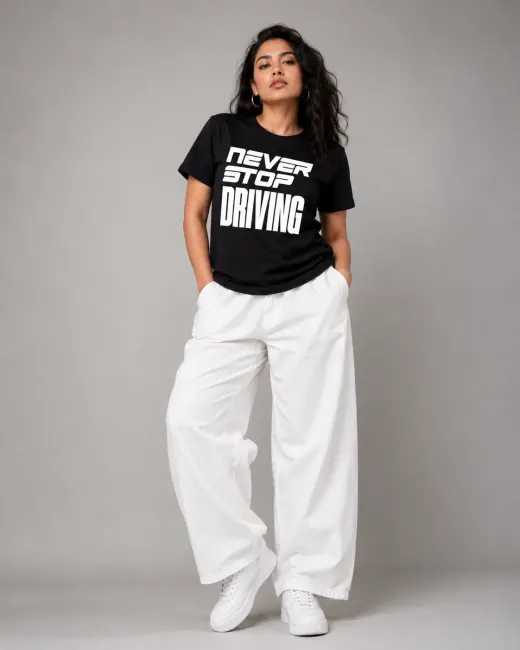 Ruhisen Never Stop Driving Supima cotton plus-size T-shirt front flatlay showing printed chest design