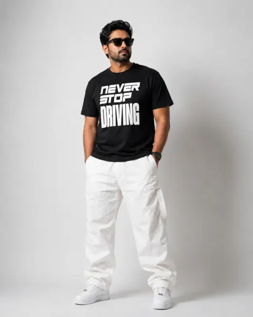 Plus-size Supima cotton T-shirt with 'Never Stop Driving' print