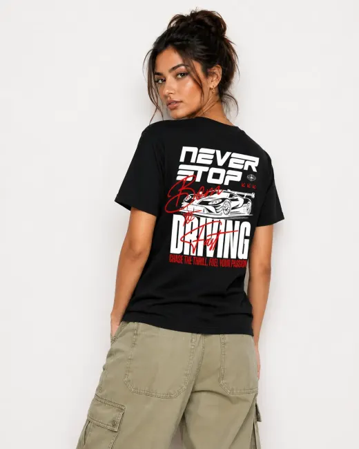 Never Stop Driving tee — Supima cotton oversized t-shirt with ‘Never Stop Driving’ graphic