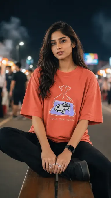 Never Trust Human oversized graphic t-shirt — front view showing oversized fit