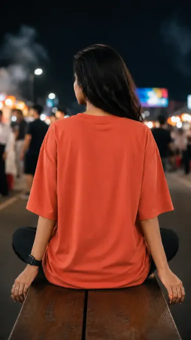 Model wearing an oversized graphic t-shirt with bold 'Never Trust Human' text print