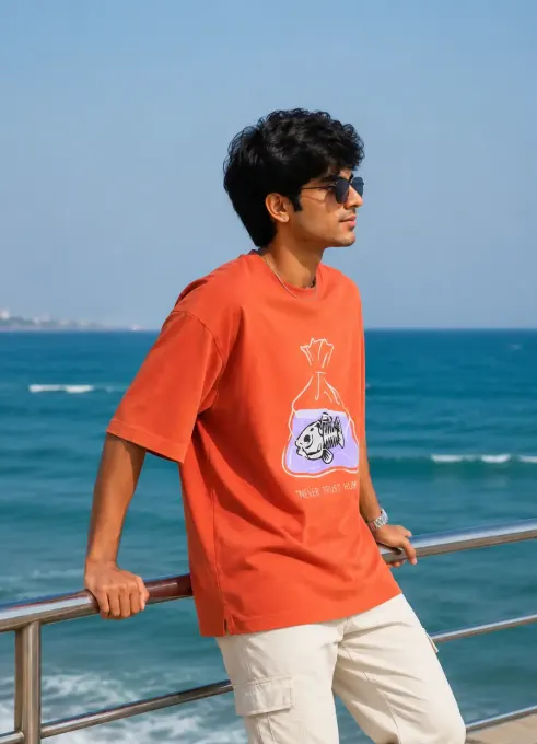 Never Trust Human oversized graphic t-shirt, front view with visible graphic and relaxed oversized fit