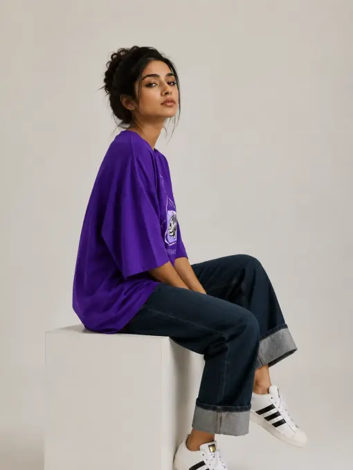 Never Trust Human oversized graphic t-shirt, front view on plain background