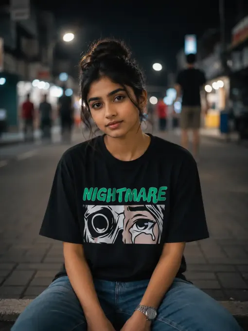 Nightmare Comic Eyes black stretch-cotton t-shirt with bold comic-style eye graphic on front