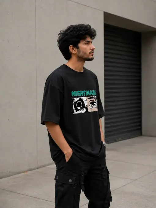 Nightmare oversized black graphic t-shirt with bold front print and relaxed fit