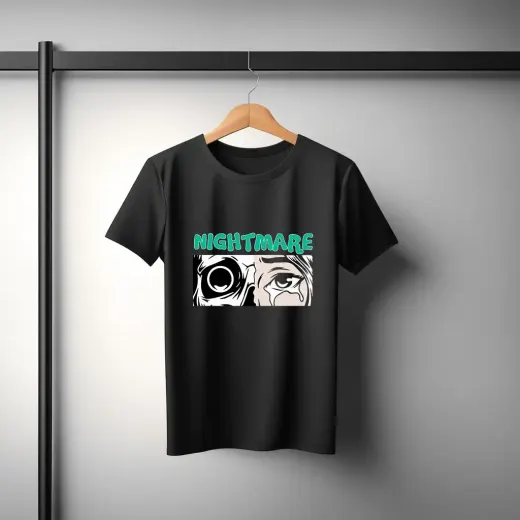 Black oversized t-shirt with bold 'Nightmare' graphic on front