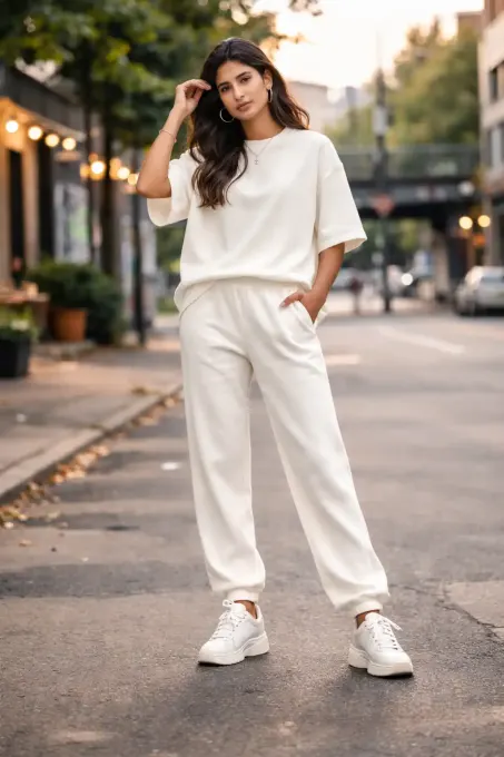 off-white terry oversized t-shirt with dropped shoulders and relaxed fit on a model, short sleeves and soft texture