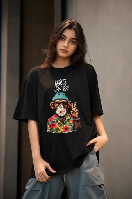 Peace Bro Chimp graphic Supima cotton t-shirt featuring a chimp illustration with 'Peace Bro' text