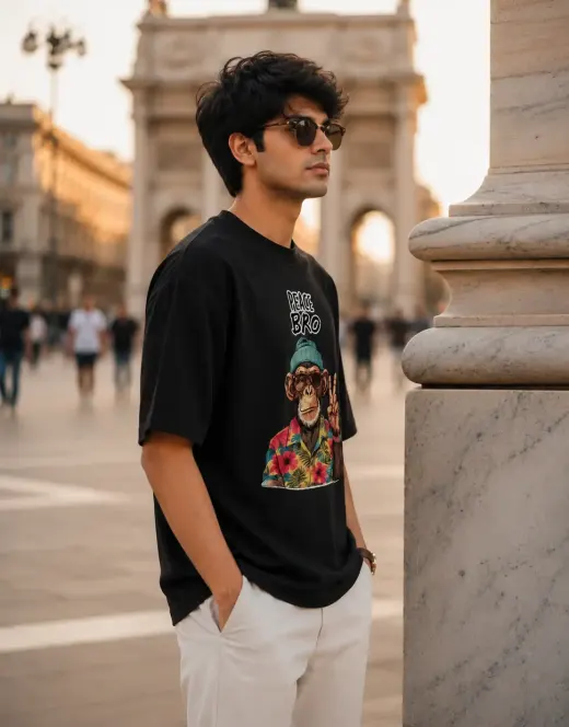 Supima cotton t-shirt featuring a 'Peace Bro Chimp' graphic centered on the front