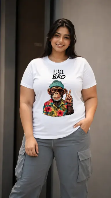 Plus-size unisex black and white 'Peace Bro' regular-fit t-shirt, front view