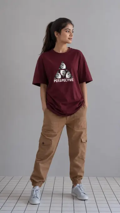 Oversized Supima cotton t-shirt with perspective geometric graphic, front view