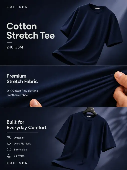 Navy blue cotton-stretch t-shirt with perspective graphic on the front, front view
