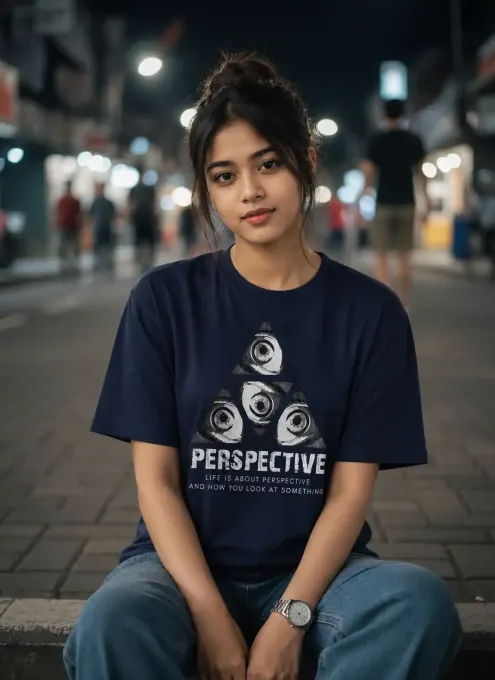 Navy blue cotton-stretch oversized T-shirt with white perspective graphic on front, crew neck and short sleeves