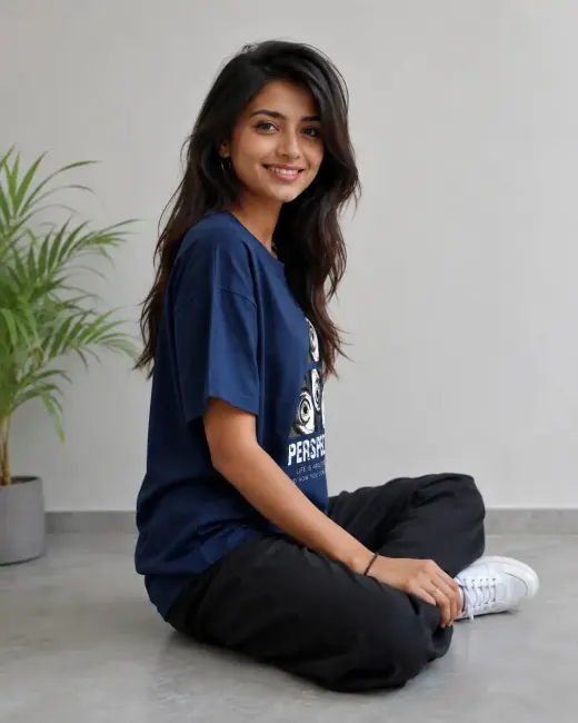 Perspective oversized graphic t-shirt, front view on model showing oversized fit and graphic print