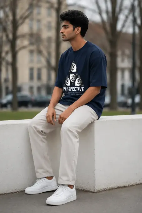 Model wearing Perspective oversized graphic t-shirt, front view showing relaxed oversized fit and short sleeves