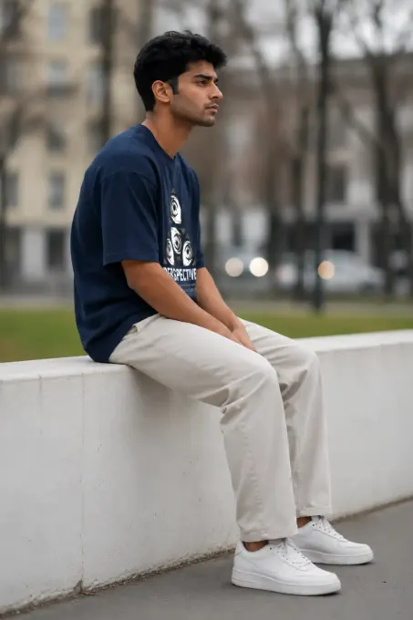 Oversized crew-neck t-shirt with bold 'Perspective' graphic print, relaxed fit for streetwear styling