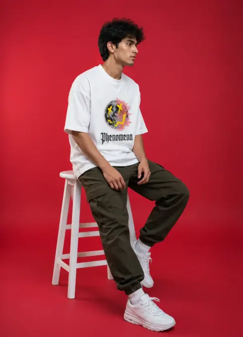 Phenomena oversized white graphic t-shirt, front view on plain background