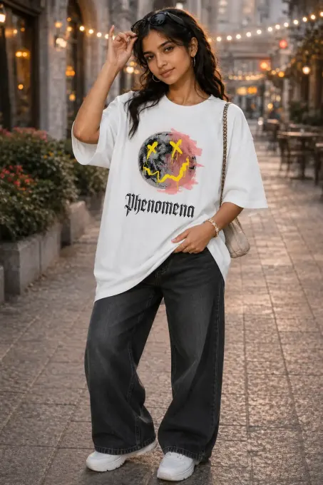 Phenomena oversized white graphic t-shirt, front view