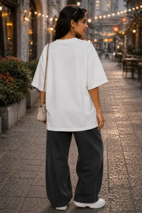 Phenomena oversized white graphic T-shirt, front view on plain background