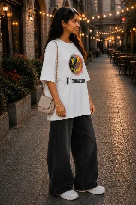 Phenomena oversized white graphic t-shirt with bold front print, relaxed silhouette