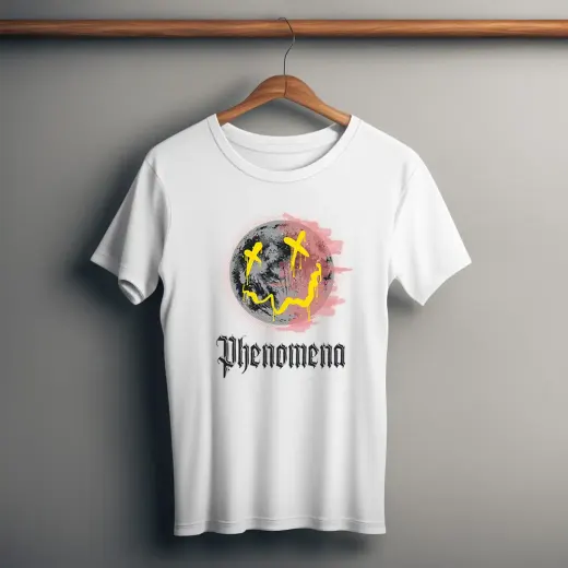 Oversized white graphic t-shirt with bold front print on a clean background