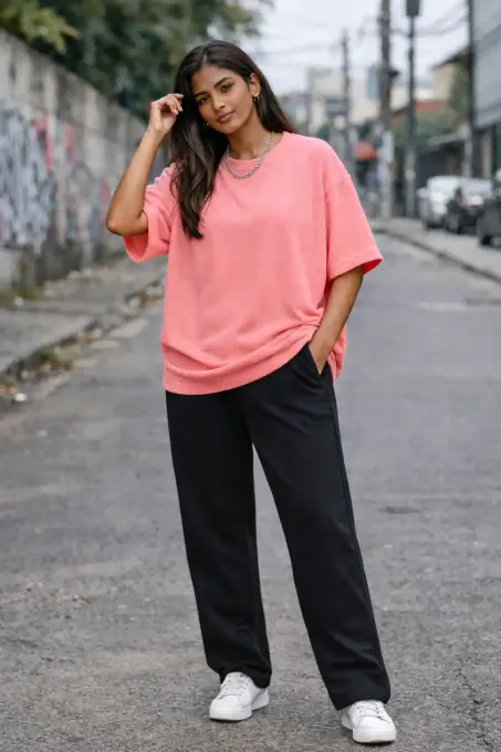 Pink terry oversize t-shirt with dropped shoulders and relaxed, boxy silhouette