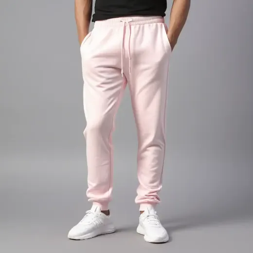 Premium baby pink joggers folded on a clean white background, showing soft cotton fabric and tapered ankle cuffs